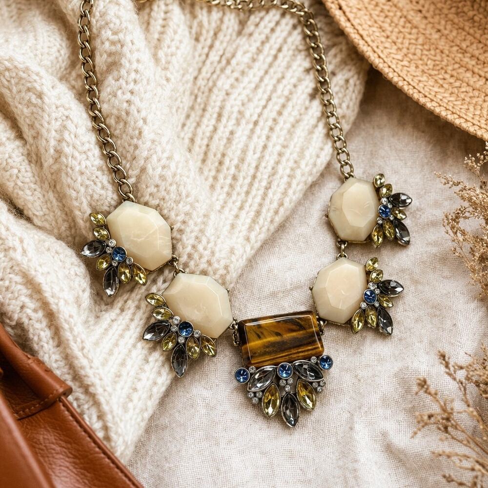 Boho Tiger Eye Statement Necklace Rhinestone Cluster Gold Tone Vintage Y2K